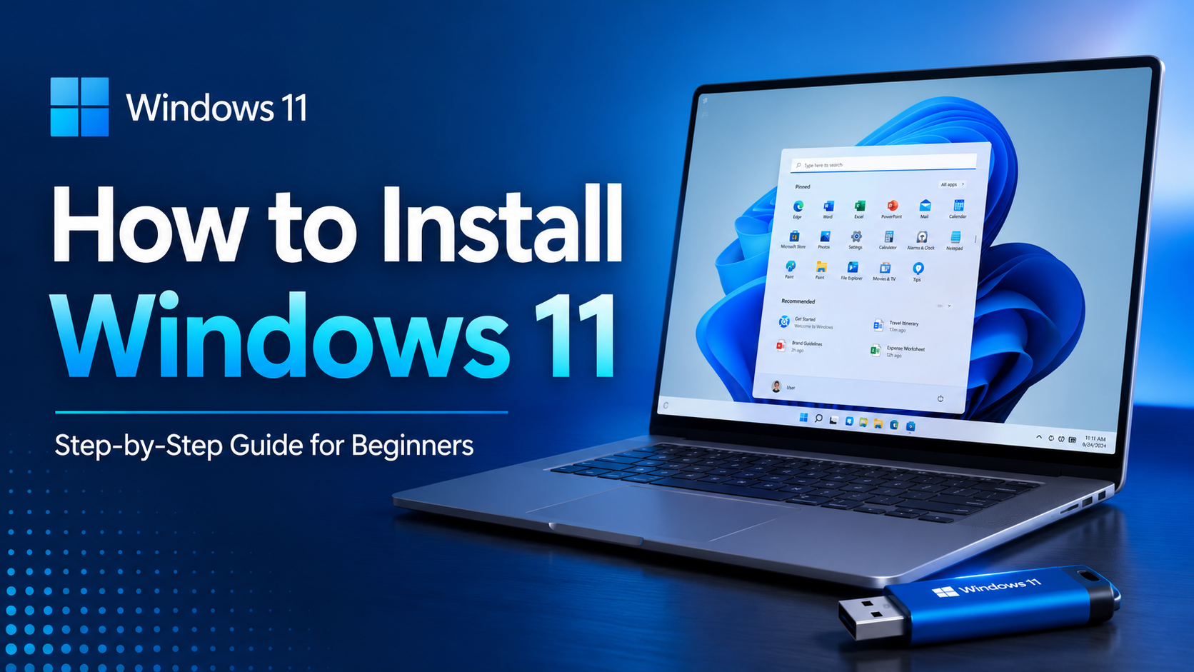 Windows 11 installation guide cover with a laptop and USB flash drive