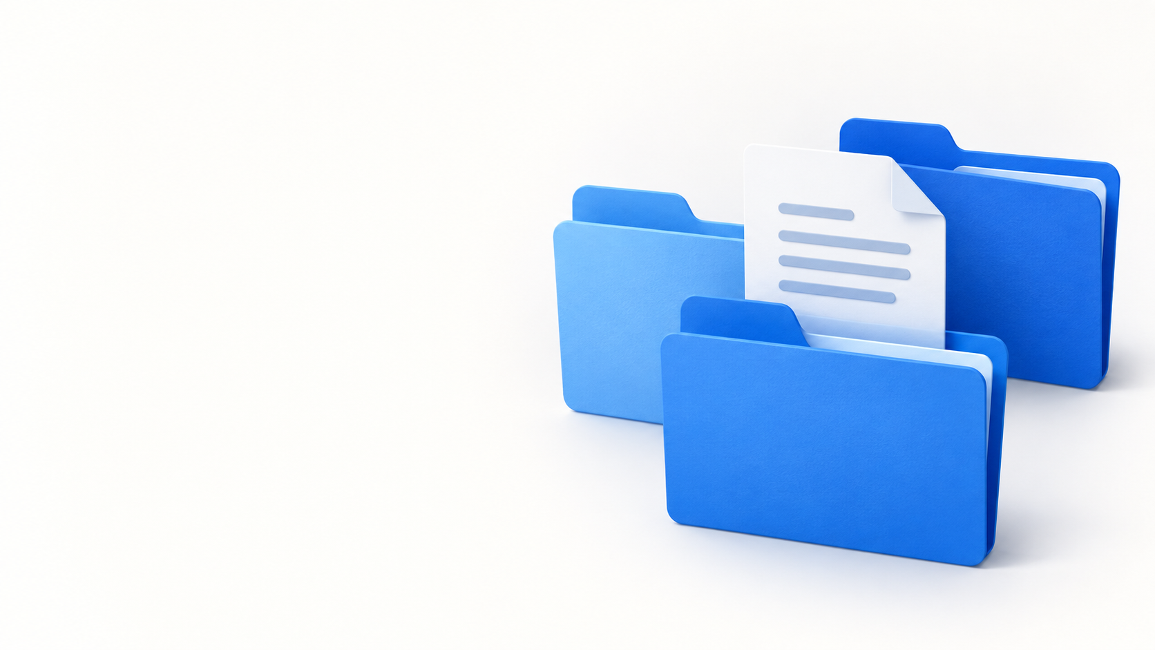 Three blue folders and a white sheet on the right, leaving the left half blank for a headline.