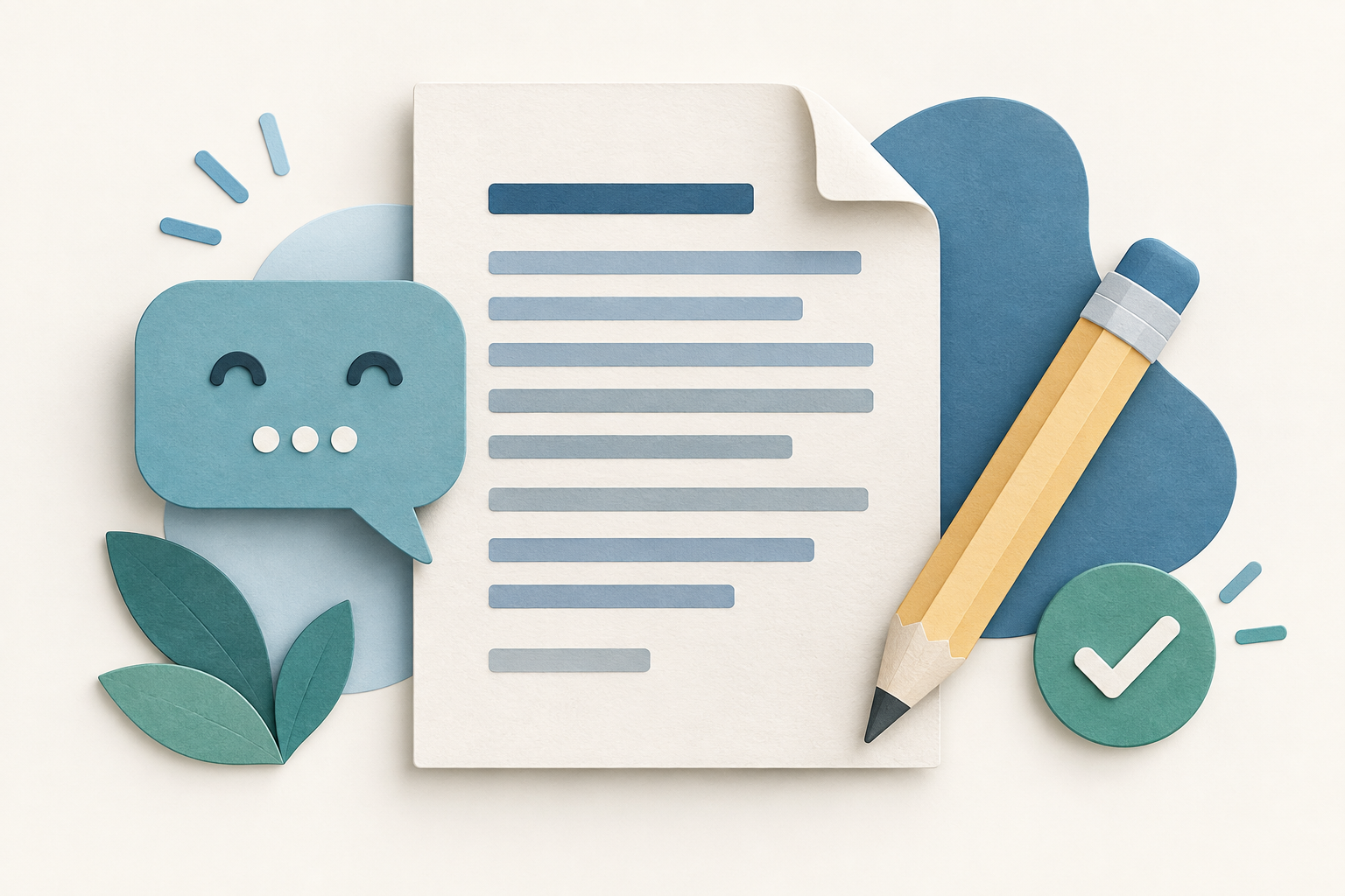 Illustration of a document, chat bubble, pencil, and checkmark representing AI-assisted writing and review.
