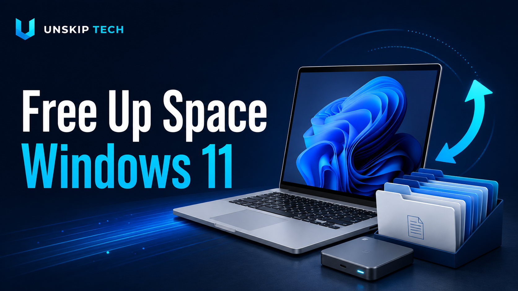 Free up space in Windows 11: laptop, organized folders, external drive, and update arrows.