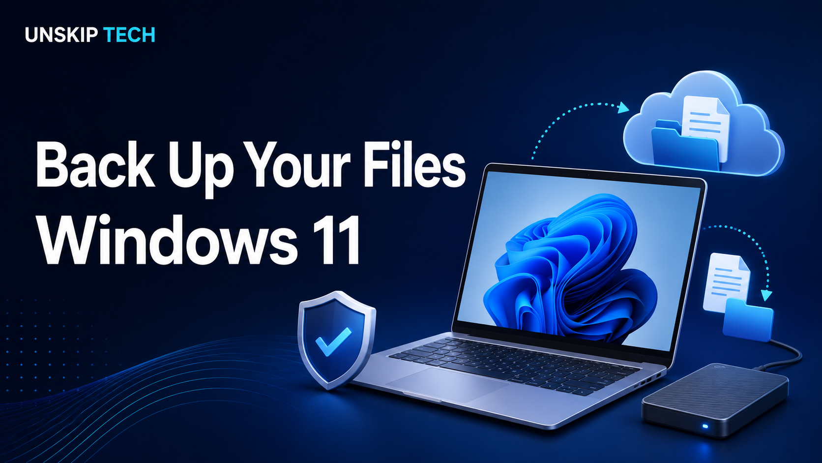 Back up files in Windows 11: laptop with documents copied to a cloud and external drive.
