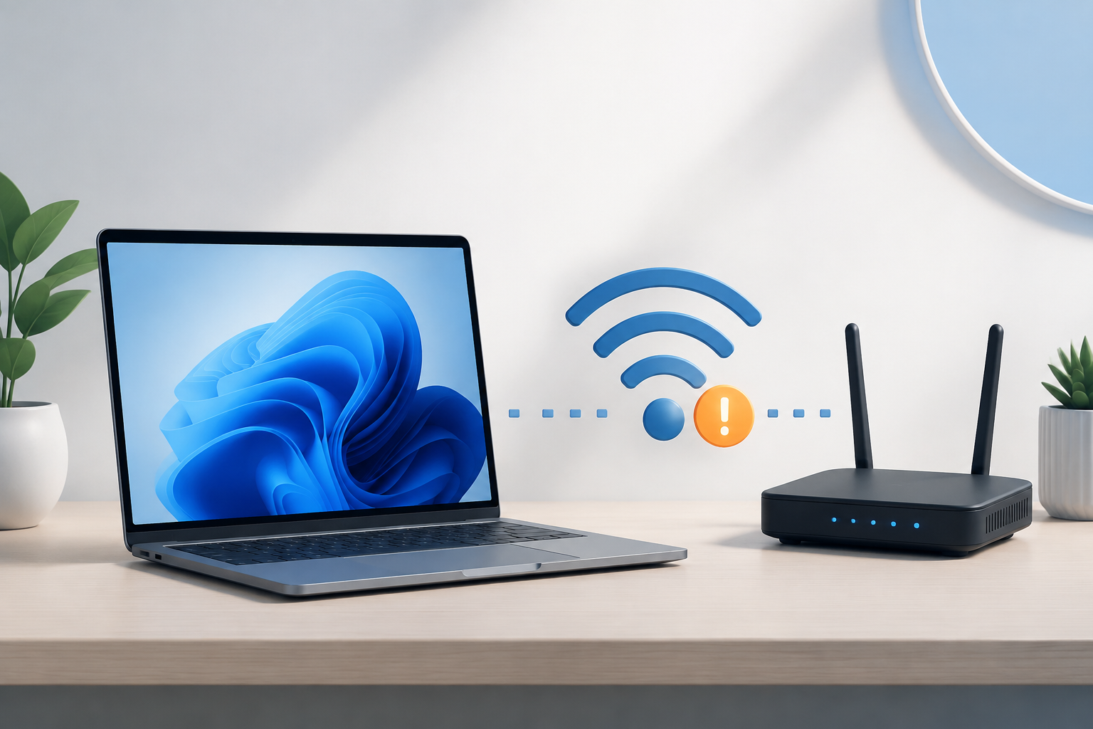 Wi-Fi not working after a Windows 11 update: illustration of a laptop, router, and interrupted wireless signal.