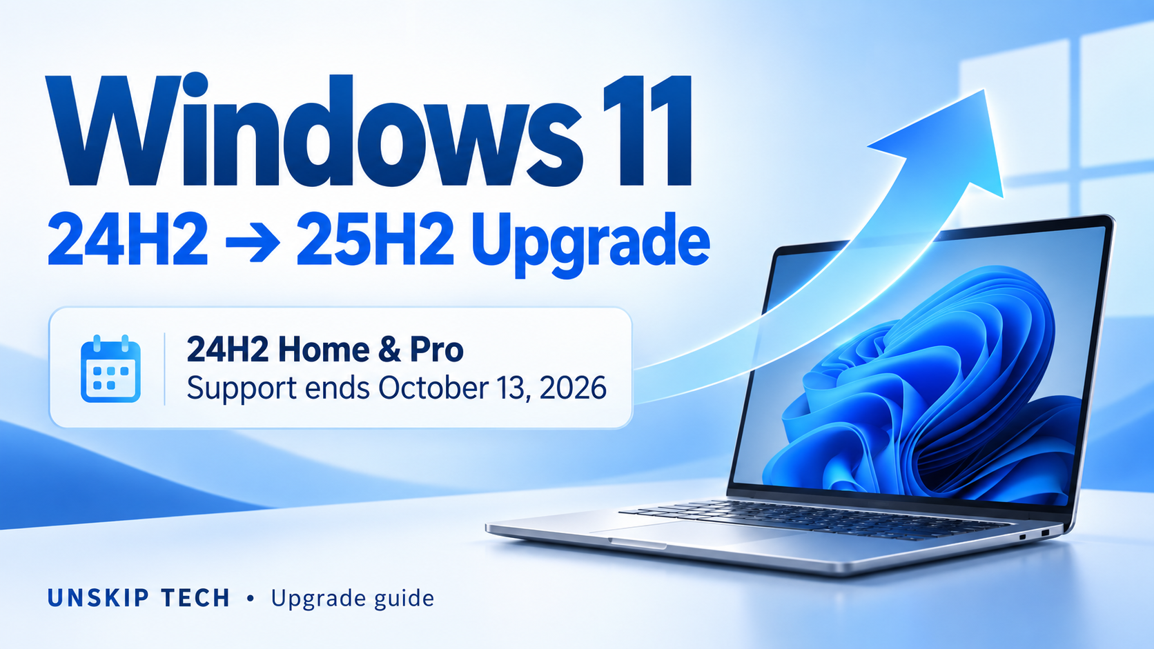 Windows 11 24H2 to 25H2 upgrade guide. Support for 24H2 Home and Pro ends October 13, 2026.